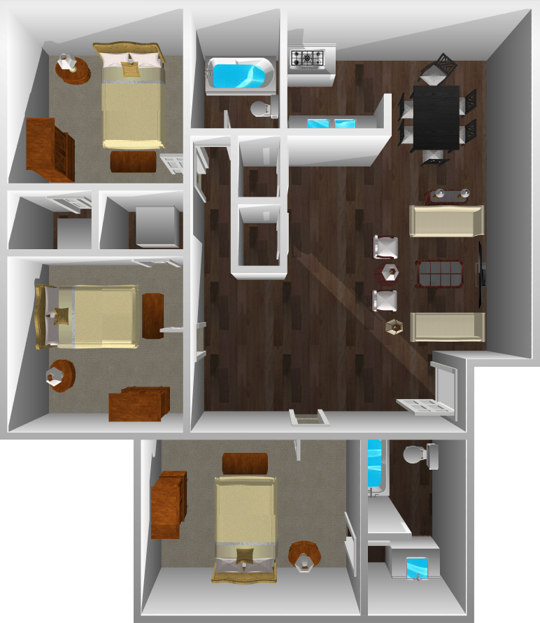 This image is the visual 3D representation of 'Plan D' in Northpointe Apartments.