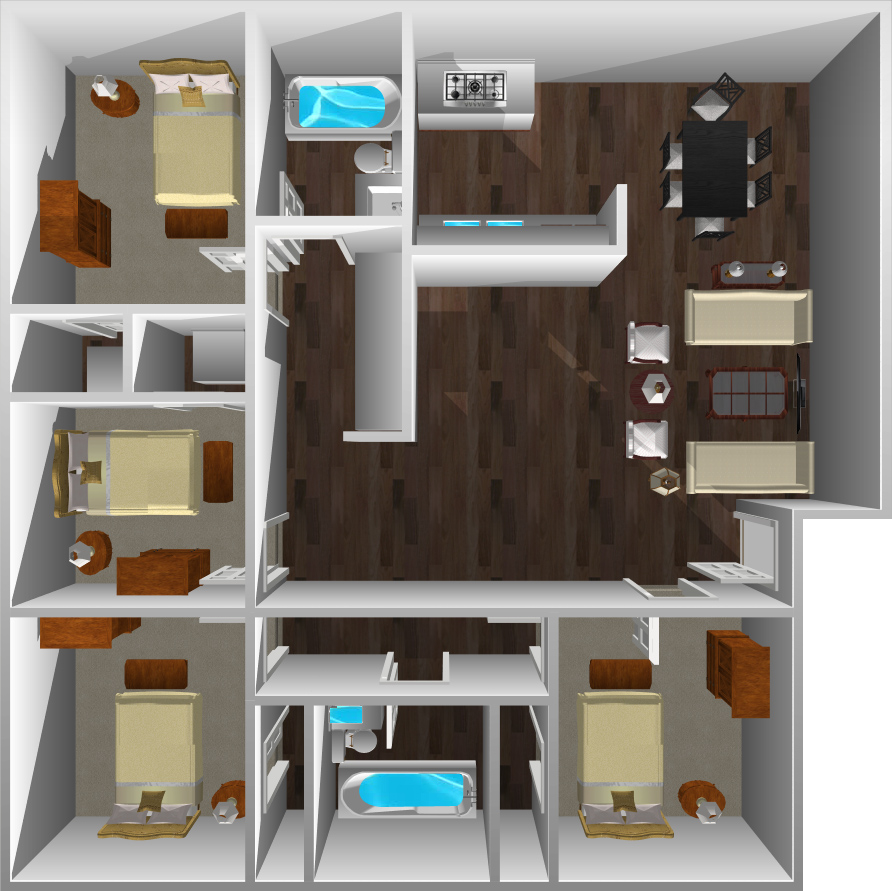 This image is the visual 3D representation of 'Plan E' in Northpointe Apartments.